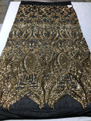Gold on Black Sequin - 4 Way Stretch Embroidered Royalty Sequins Fancy Design Fabric By Yard