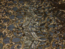 Gold on Black Sequin - 4 Way Stretch Embroidered Royalty Sequins Fancy Design Fabric By Yard
