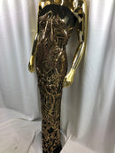 Gold on Black Sequin - 4 Way Stretch Embroidered Royalty Sequins Fancy Design Fabric By Yard