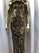 Gold on Black Sequin - 4 Way Stretch Embroidered Royalty Sequins Fancy Design Fabric By Yard