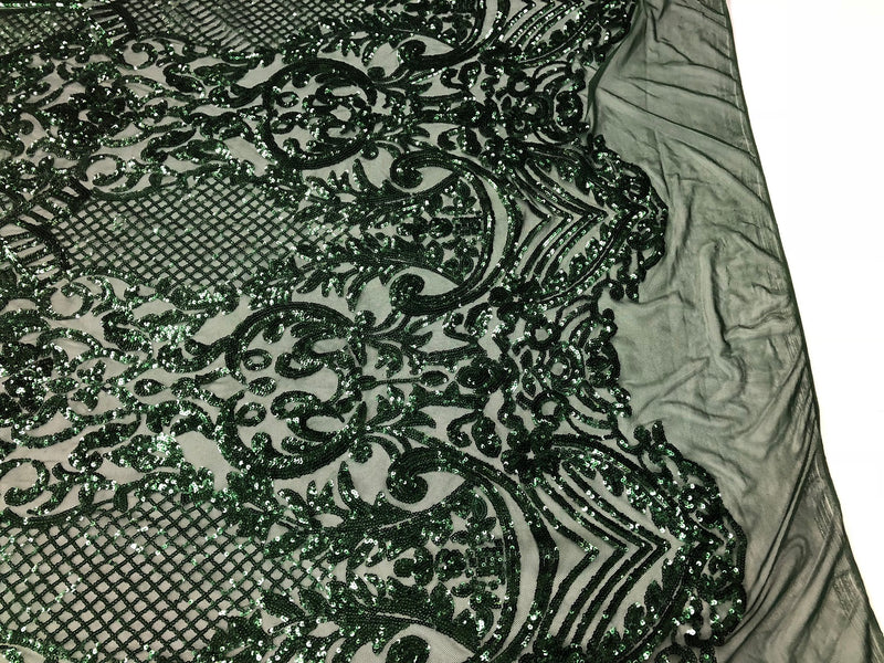 Fancy Design Sequins Fabric with 4 Way Stretch - Hunter Green  -  Beautiful Fabrics Sold By The Yard
