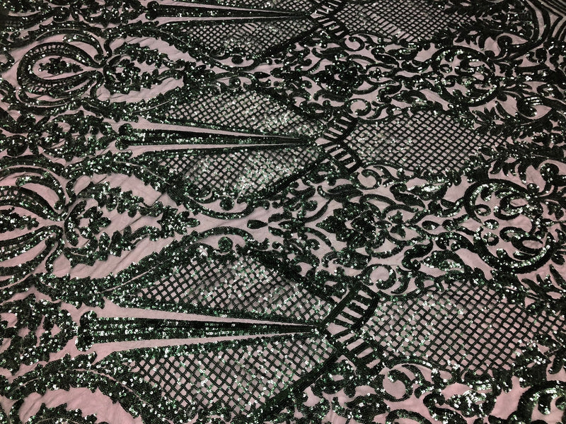 Fancy Design Sequins Fabric with 4 Way Stretch - Hunter Green  -  Beautiful Fabrics Sold By The Yard