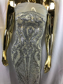 Fancy Design Sequins Fabric with 4 Way Stretch - Silver -  Beautiful Fabrics Sold By The Yard