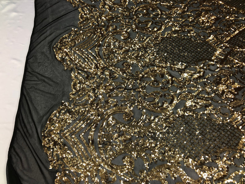 Fancy Design Sequins Fabric with 4 Way Stretch - Black and Gold -  Beautiful  Fabrics Sold By The Yard
