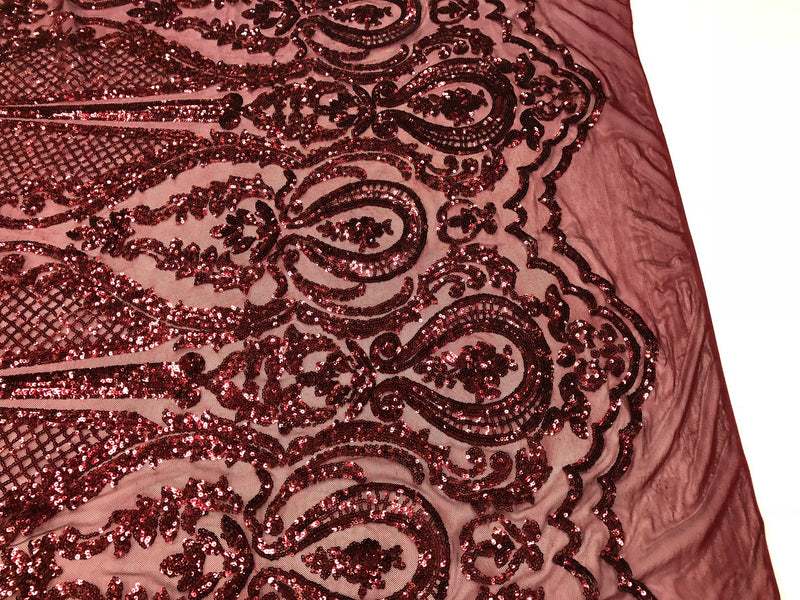Fancy Design Sequins Fabric with 4 Way Stretch - Burgundy -  Beautiful Fabrics Sold By The Yard
