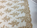 Lace Fabric - Champagne - Corded Flower Embroidery With Sequins on Mesh Polyester By The Yard