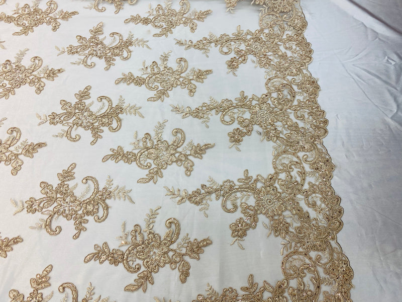 Lace Fabric - Champagne - Corded Flower Embroidery With Sequins on Mesh Polyester By The Yard