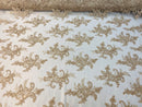 Lace Fabric - Champagne - Corded Flower Embroidery With Sequins on Mesh Polyester By The Yard
