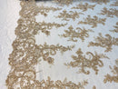 Lace Fabric - Champagne - Corded Flower Embroidery With Sequins on Mesh Polyester By The Yard
