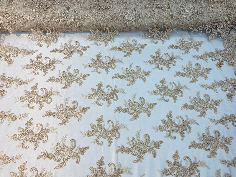 Lace Fabric - Champagne - Corded Flower Embroidery With Sequins on Mesh Polyester By The Yard