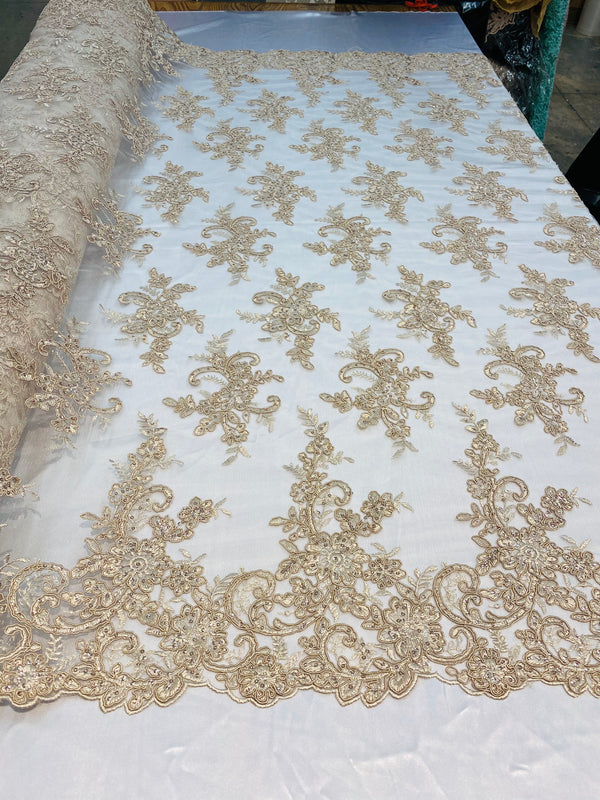 Lace Fabric - Champagne - Corded Flower Embroidery With Sequins on Mesh Polyester By The Yard