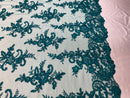Lace Fabric - Green - Corded Flower Embroidery With Sequins on Mesh Polyester By The Yard