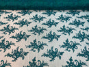 Lace Fabric - Green - Corded Flower Embroidery With Sequins on Mesh Polyester By The Yard
