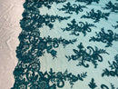Lace Fabric - Green - Corded Flower Embroidery With Sequins on Mesh Polyester By The Yard