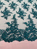 Lace Fabric - Green - Corded Flower Embroidery With Sequins on Mesh Polyester By The Yard