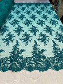 Lace Fabric - Green - Corded Flower Embroidery With Sequins on Mesh Polyester By The Yard