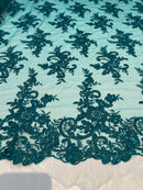 Lace Fabric - Green - Corded Flower Embroidery With Sequins on Mesh Polyester By The Yard