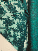 Lace Fabric - Green - Corded Flower Embroidery With Sequins on Mesh Polyester By The Yard