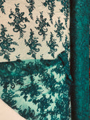 Lace Fabric - Green - Corded Flower Embroidery With Sequins on Mesh Polyester By The Yard