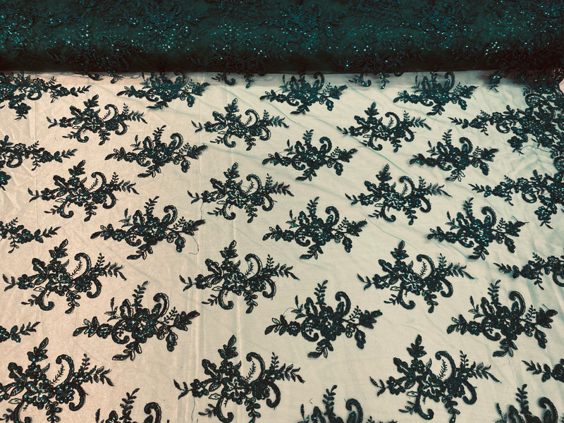 Lace Fabric - Black - Corded Flower Embroidery With Sequins on Mesh Polyester By The Yard