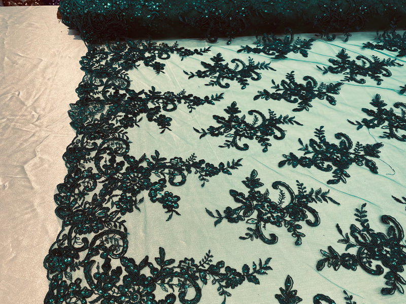 Lace Fabric - Black - Corded Flower Embroidery With Sequins on Mesh Polyester By The Yard