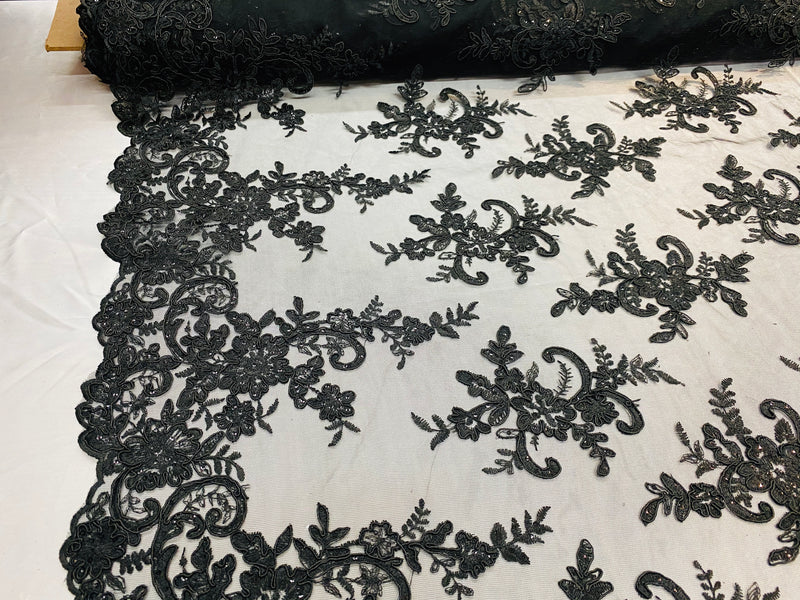 Lace Fabric - Black - Corded Flower Embroidery With Sequins on Mesh Polyester By The Yard