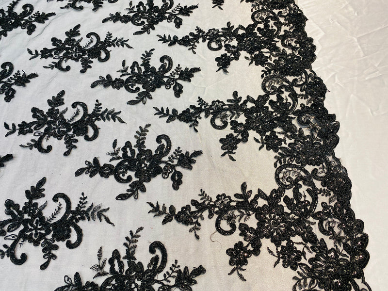 Lace Fabric - Black - Corded Flower Embroidery With Sequins on Mesh Polyester By The Yard