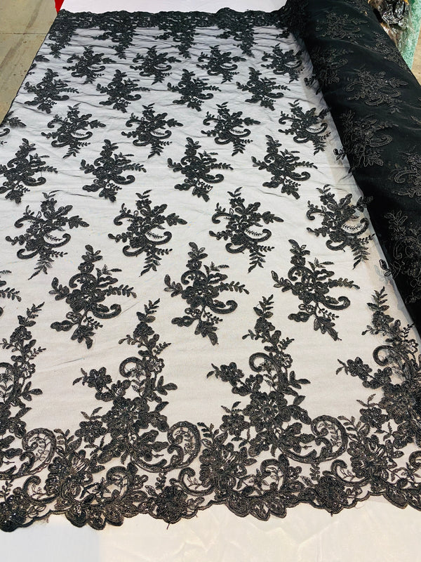 Lace Fabric - Black - Corded Flower Embroidery With Sequins on Mesh Polyester By The Yard