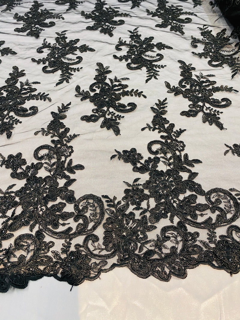 Lace Fabric - Black - Corded Flower Embroidery With Sequins on Mesh Polyester By The Yard