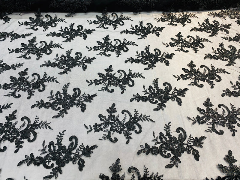 Lace Fabric - Black - Corded Flower Embroidery With Sequins on Mesh Polyester By The Yard