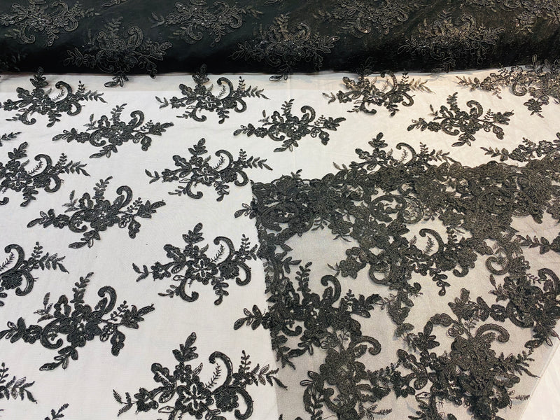 Lace Fabric - Black - Corded Flower Embroidery With Sequins on Mesh Polyester By The Yard