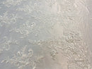 Lace Fabric - Ivory - Corded Flower Embroidery With Sequins on Mesh Polyester By The Yard
