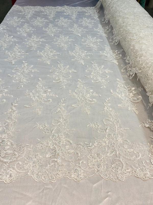 Lace Fabric - Ivory - Corded Flower Embroidery With Sequins on Mesh Polyester By The Yard