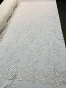 Lace Fabric - Ivory - Corded Flower Embroidery With Sequins on Mesh Polyester By The Yard