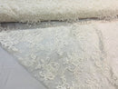 Lace Fabric - Ivory - Corded Flower Embroidery With Sequins on Mesh Polyester By The Yard