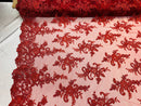 Lace Fabric - Burgundy - Corded Flower Embroidery With Sequins on Mesh Polyester By The Yard