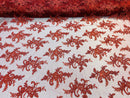 Lace Fabric - Burgundy - Corded Flower Embroidery With Sequins on Mesh Polyester By The Yard