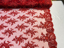Lace Fabric - Burgundy - Corded Flower Embroidery With Sequins on Mesh Polyester By The Yard