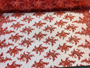 Lace Fabric - Burgundy - Corded Flower Embroidery With Sequins on Mesh Polyester By The Yard
