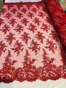 Lace Fabric - Burgundy - Corded Flower Embroidery With Sequins on Mesh Polyester By The Yard