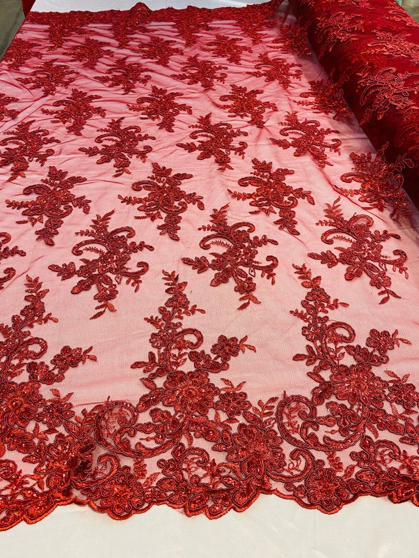 Lace Fabric - Burgundy - Corded Flower Embroidery With Sequins on Mesh Polyester By The Yard