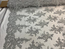 Lace Fabric - Silver - Corded Flower Embroidery With Sequins on Mesh Polyester By The Yard