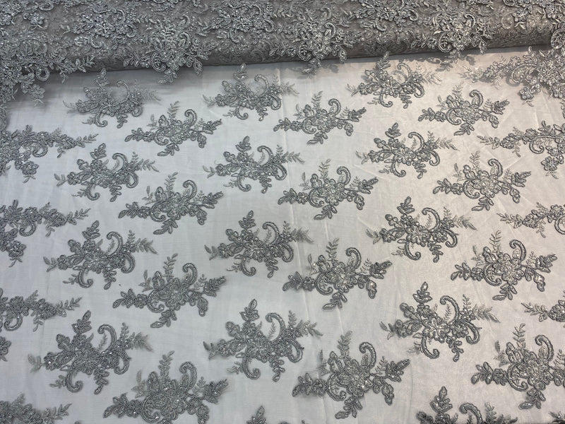 Lace Fabric - Silver - Corded Flower Embroidery With Sequins on Mesh Polyester By The Yard