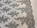 Lace Fabric - Silver - Corded Flower Embroidery With Sequins on Mesh Polyester By The Yard