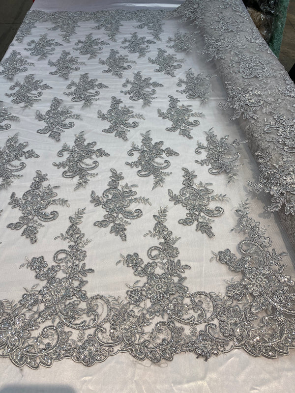 Lace Fabric - Silver - Corded Flower Embroidery With Sequins on Mesh Polyester By The Yard