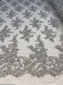 Lace Fabric - Silver - Corded Flower Embroidery With Sequins on Mesh Polyester By The Yard