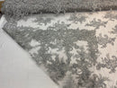Lace Fabric - Silver - Corded Flower Embroidery With Sequins on Mesh Polyester By The Yard
