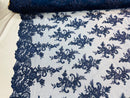 Lace Fabric - Navy - Corded Flower Embroidery With Sequins on Mesh Polyester By The Yard