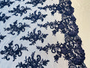 Lace Fabric - Navy - Corded Flower Embroidery With Sequins on Mesh Polyester By The Yard