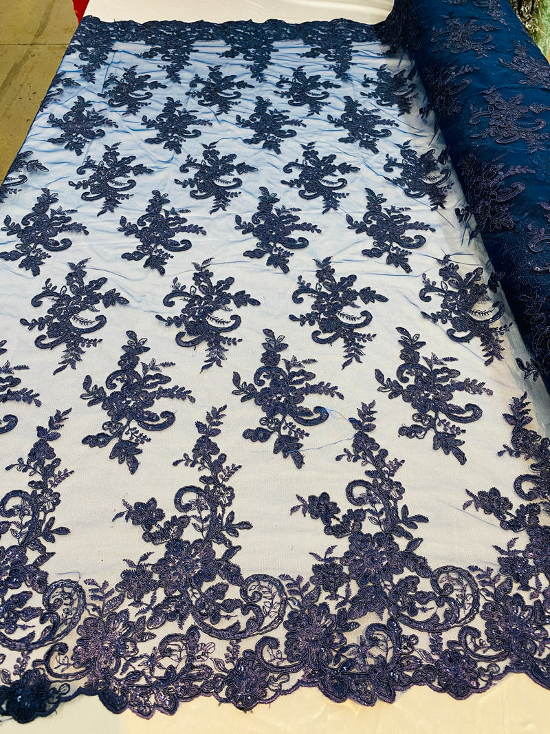 Lace Fabric - Navy - Corded Flower Embroidery With Sequins on Mesh Polyester By The Yard
